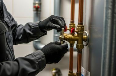 professional plumber fixes water heater. plumber in black gloves installs repairs copper water pipe connected to tank. efficient plumbing service. expert technician works accurately professional plumber fixes water heater. plumber in black gloves installs repairs copper water pipe connected to tank. efficient plumbing service. expert technician works accurately