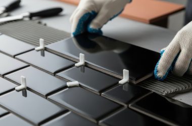 careful worker installing glossy black ceramic tiles with spacers on fresh adhesive, aligning rectangular pieces for precise modern wall surface during professional renovation careful worker installing glossy black ceramic tiles with spacers on fresh adhesive, aligning rectangular pieces for precise modern wall surface during professional renovation