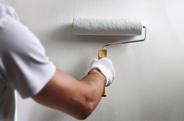 hand of house painter man using paint roller on a white wall generative ai hand of house painter man using paint roller on a white wall generative ai